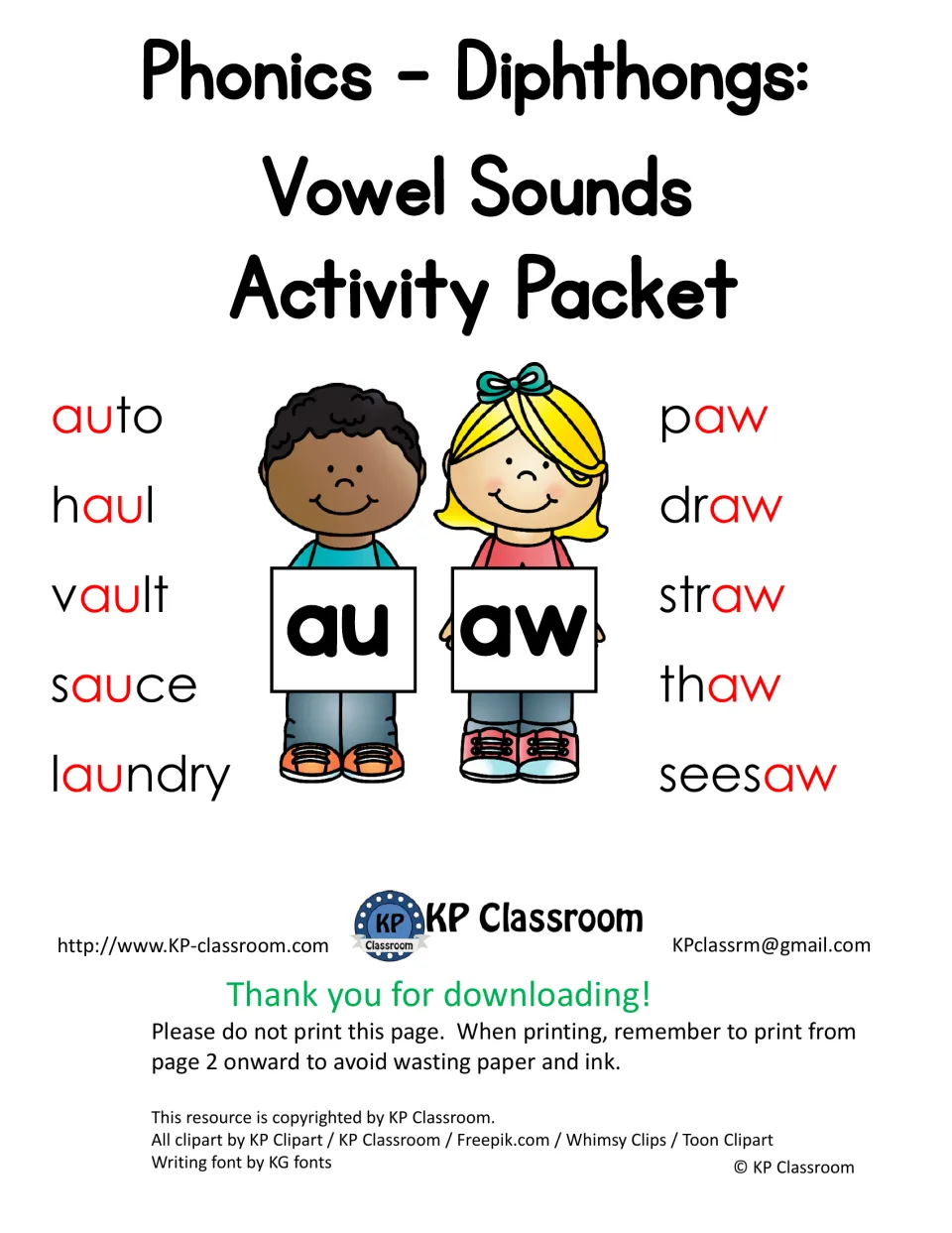Phonics diphthongs activity packet cover listing au words like auto and haul beside aw words like paw and straw