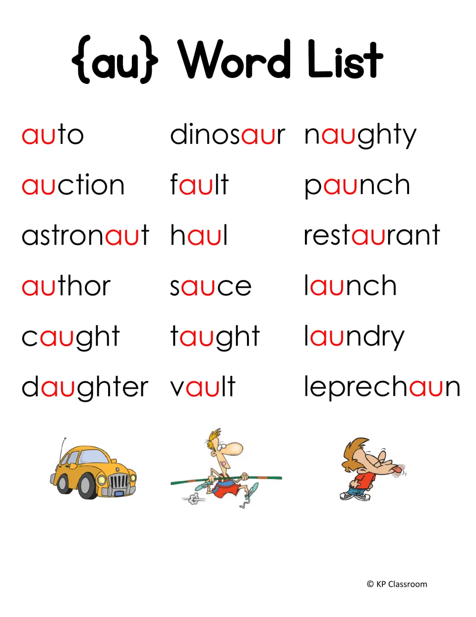 au word list: 18 words with the au spelling highlighted in red, including auto, dinosaur, caught, launch and leprechaun