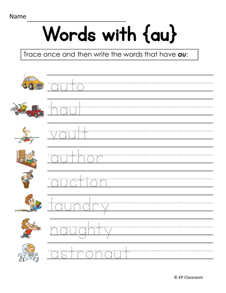 Words with au handwriting practice: students trace, then write auto, haul, vault, author, laundry and astronaut