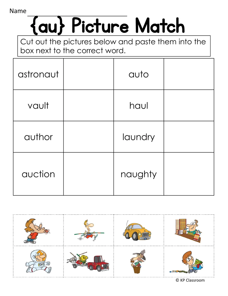 au picture match: students cut out 8 pictures and paste each next to its word, such as astronaut, vault and auction