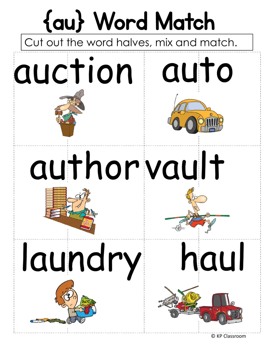 au word match puzzles: students cut six pictured words like auction, author and haul into halves, then mix and match