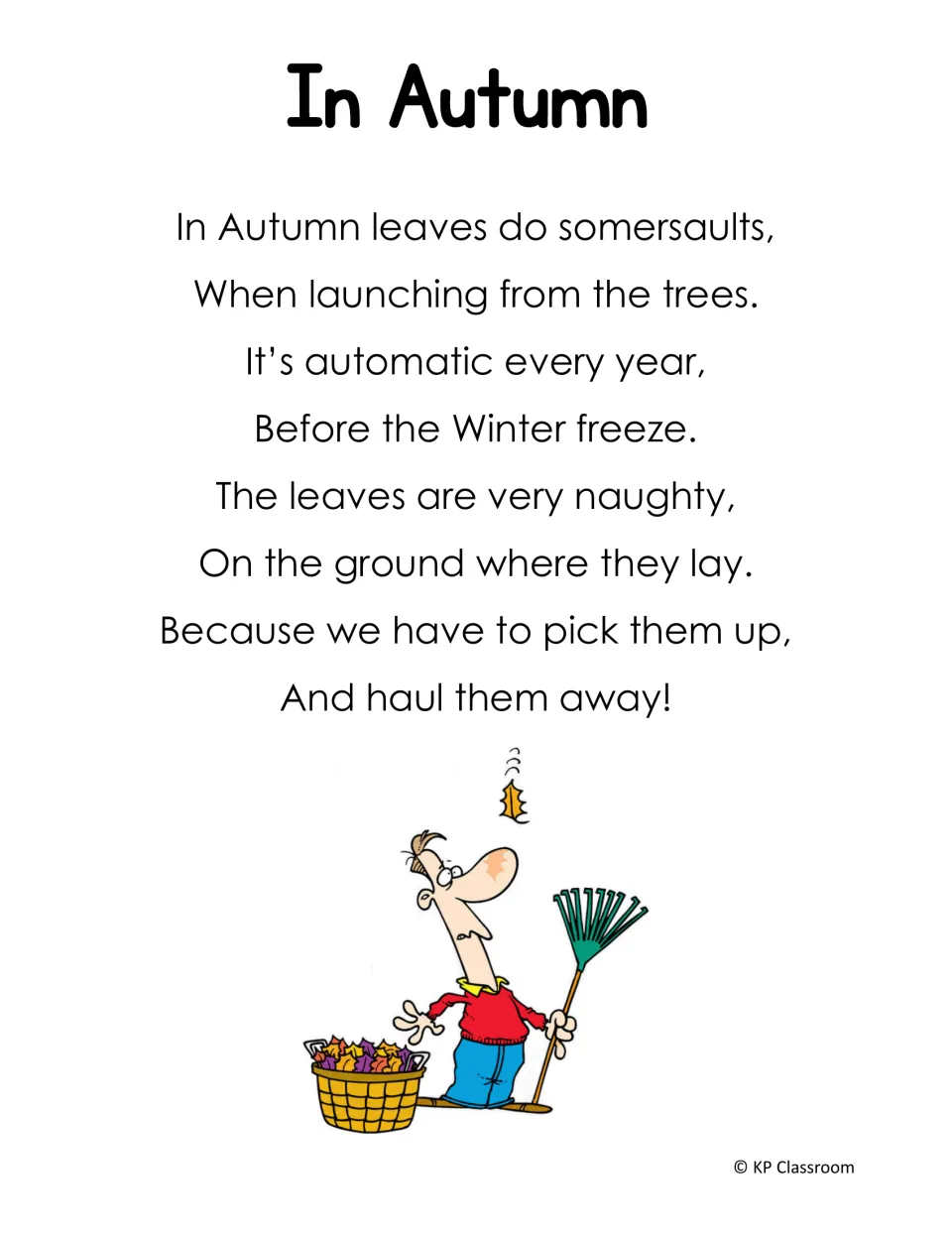 In Autumn poem: eight rhyming lines about falling leaves using au words such as somersaults, automatic and haul