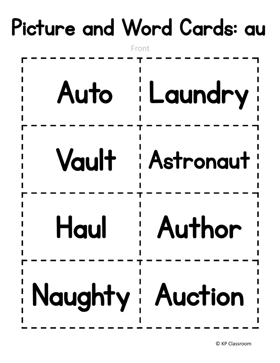 au word cards, front side: eight cut-apart cards reading Auto, Laundry, Vault, Astronaut, Haul, Author, Naughty, Auction