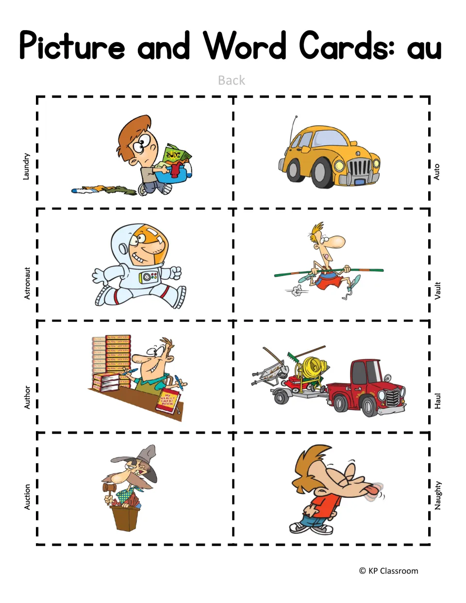 au picture cards, back side: illustrations of a car, a pole vaulter, an astronaut, an author and more, each labeled