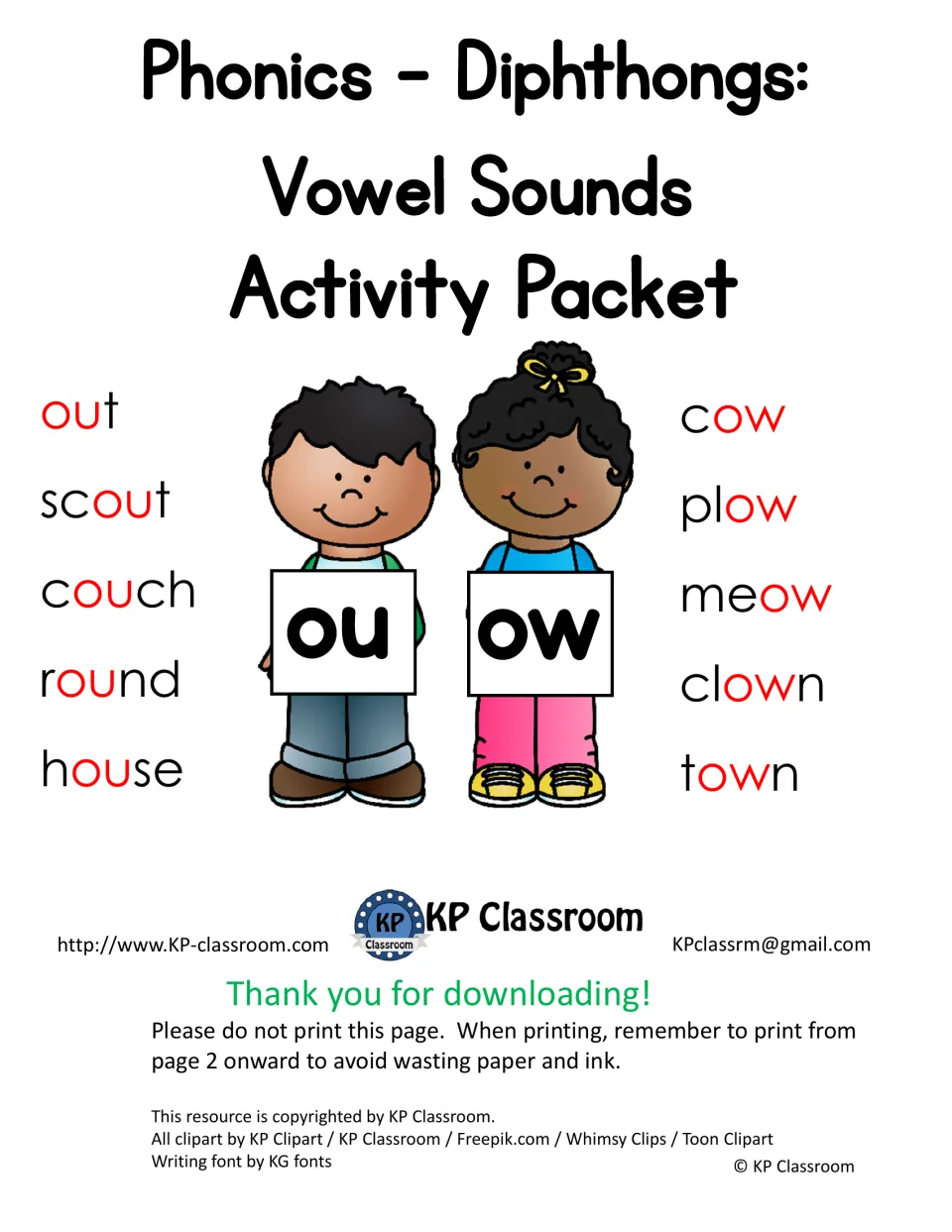 Cover: Phonics Diphthongs Vowel Sounds Activity Packet with ou words like out, house and ow words like cow, clown, town