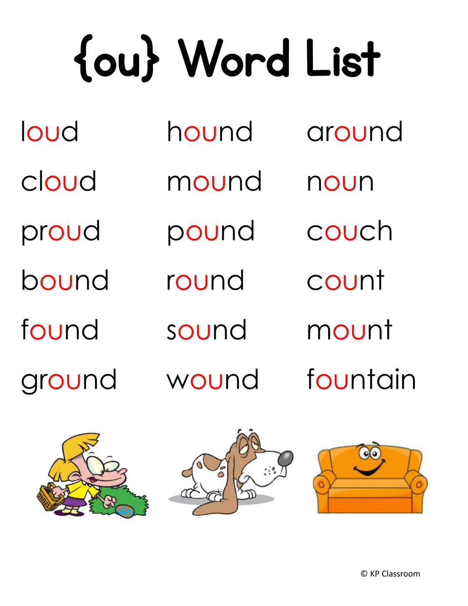 ou word list: 18 words such as loud, cloud, hound, round, noun and fountain, with each ou printed in red