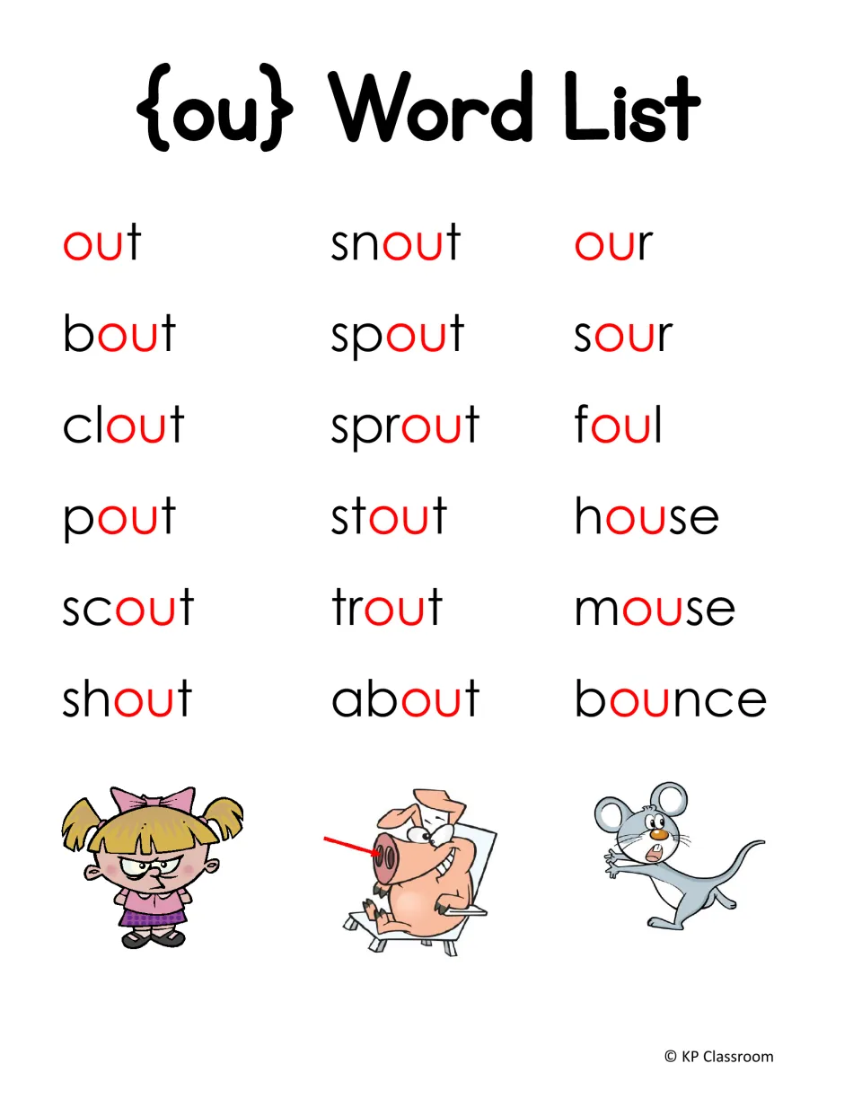 Second ou word list: out, scout, shout, spout, trout, about, house, mouse, sour and bounce with the ou letters in red