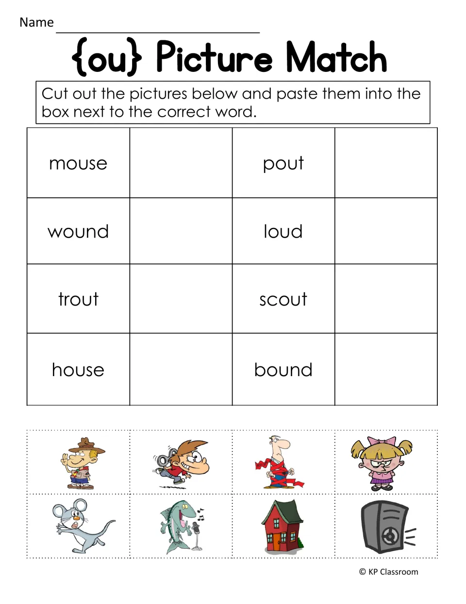 ou picture match: students cut out 8 pictures and paste each beside its word, such as mouse, pout, trout and house