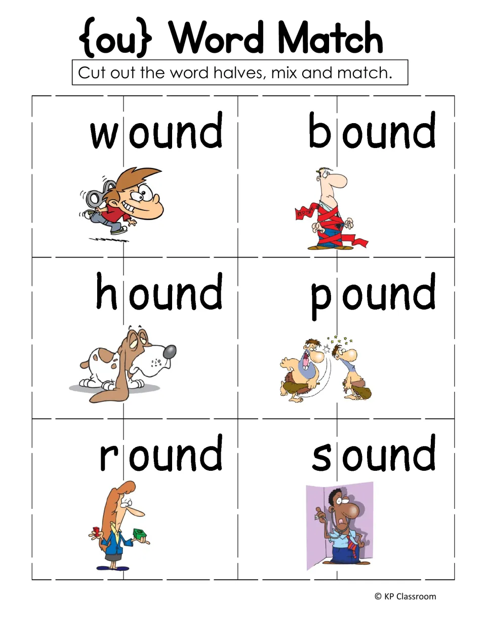 ou word match puzzle cards: students cut apart onset and -ound halves for wound, bound, hound, pound, round and sound