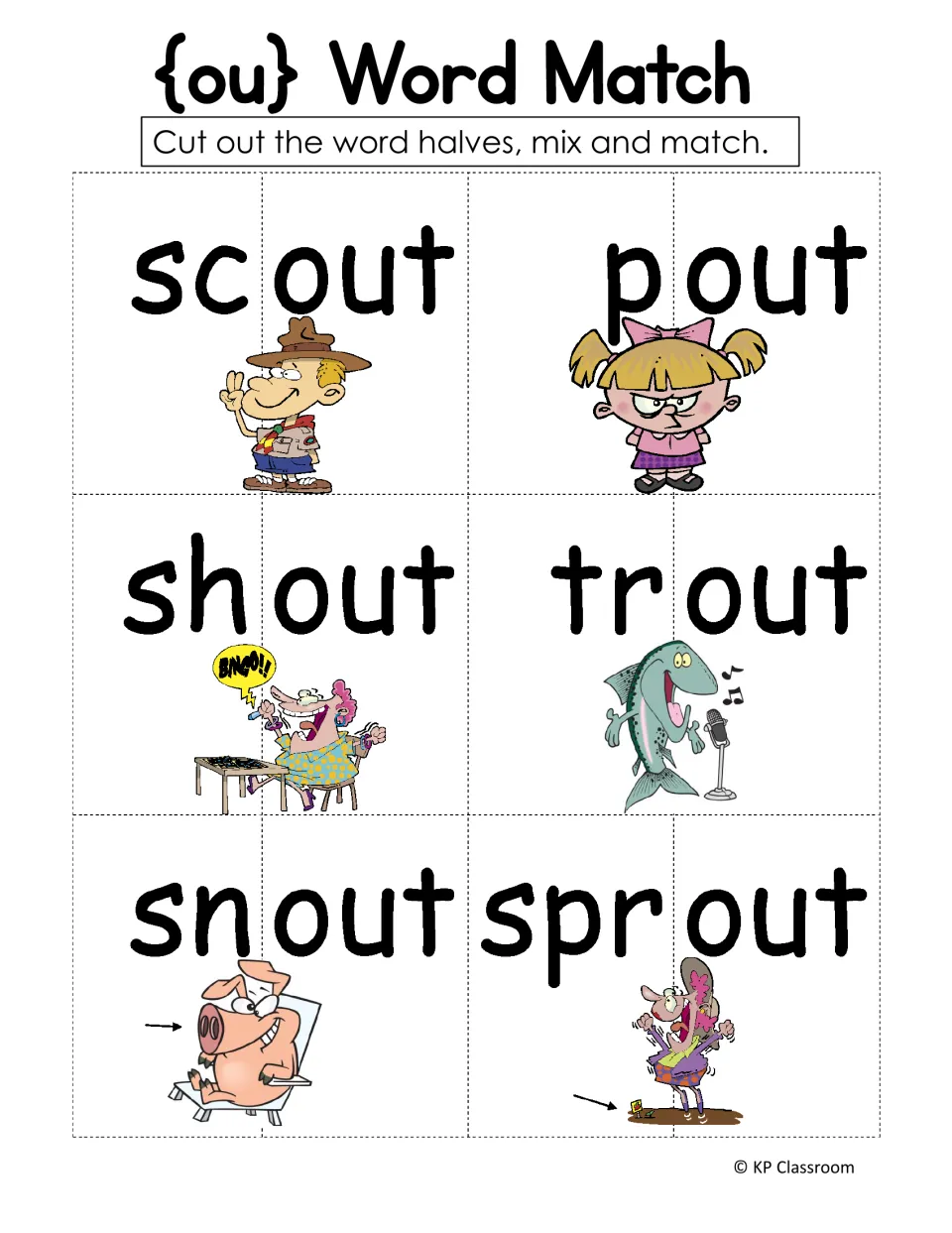 More ou word match cards: split halves for scout, pout, shout, trout, snout and sprout to cut, mix and rejoin