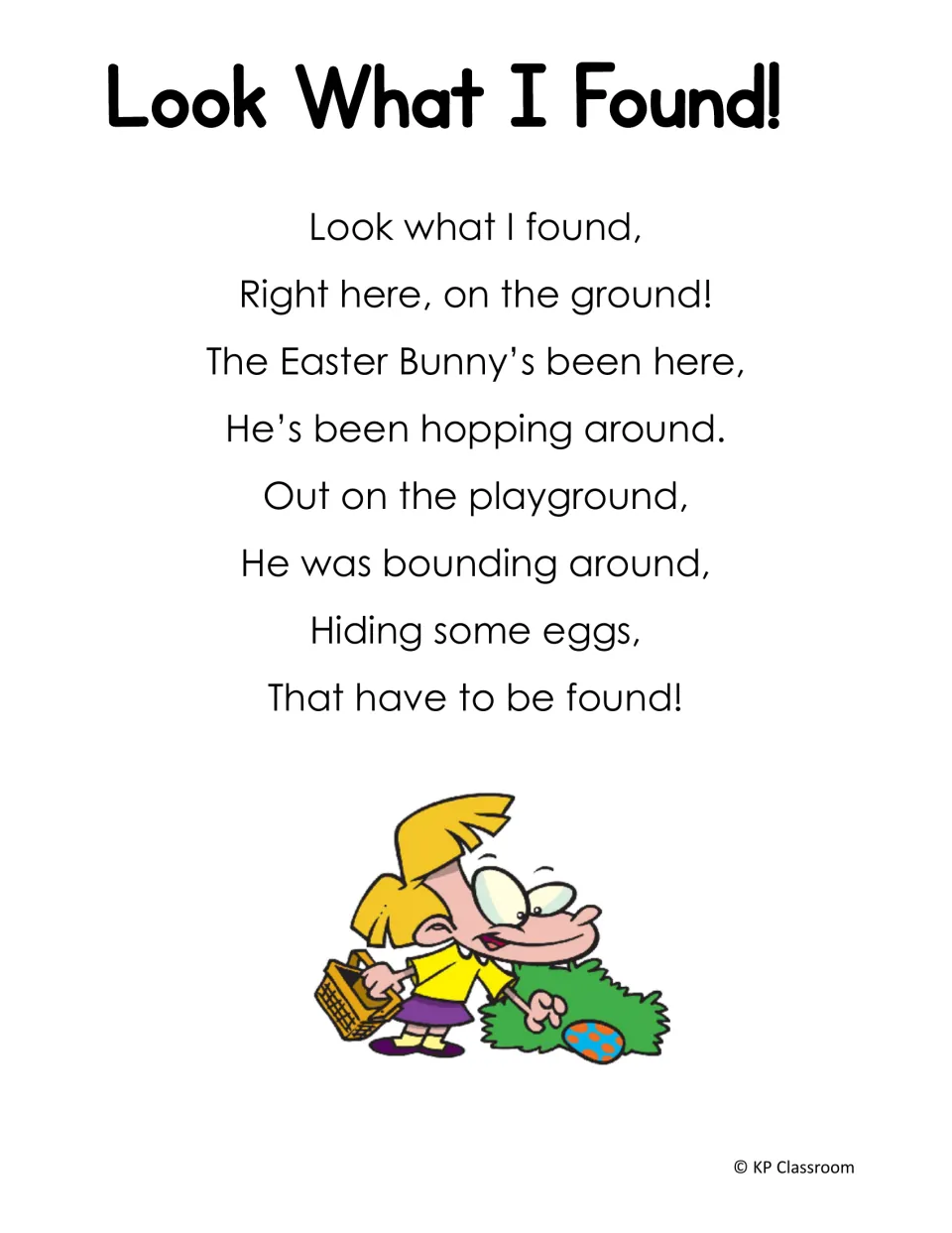 Look What I Found! poem about Easter eggs on the playground, packed with ou words like found, ground and around
