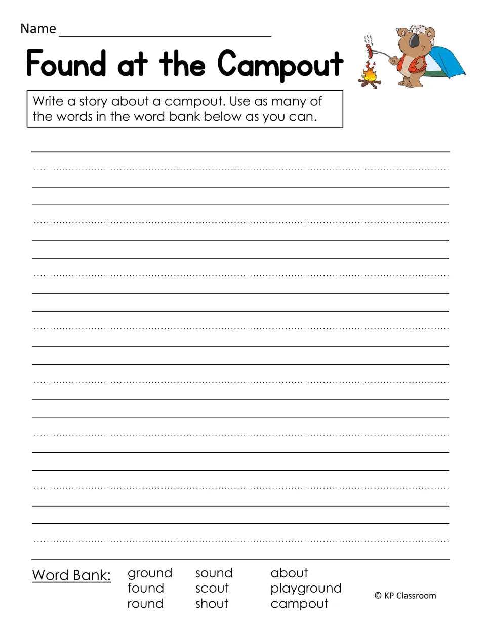 Found at the Campout: students write a campout story using word bank words like ground, scout, shout and playground