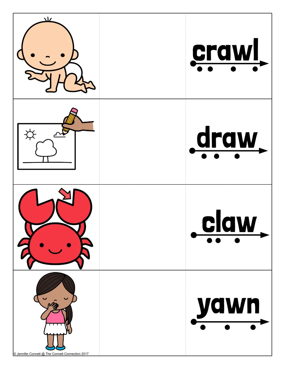 AW word blending cards for crawl, draw, claw and yawn, each with a picture and sound dots under the arrow to tap and blend