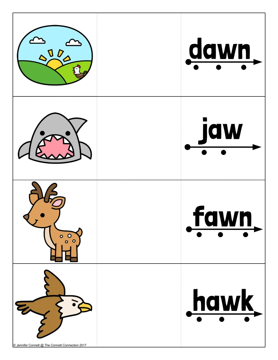 AW blending cards for dawn, jaw, fawn and hawk with sunrise, shark, deer and bird pictures; students tap dots to sound out