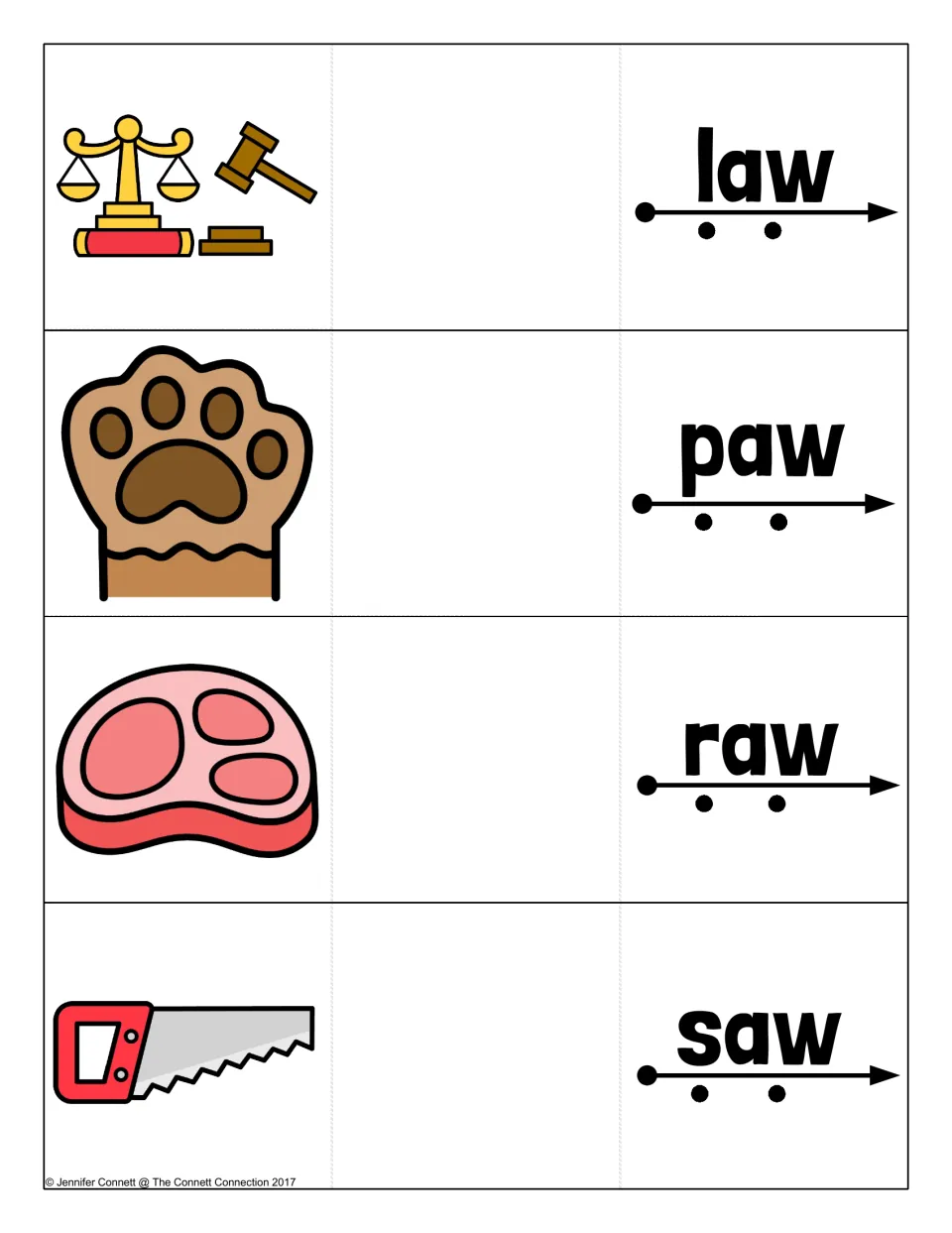 Short aw word cards for law, paw, raw and saw pictured with scales and gavel, a paw, meat and a saw, with two dots each