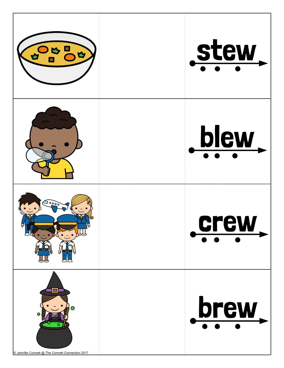 EW word blending cards for stew, blew, crew and brew, each pairing a picture with the word above a dotted sound arrow