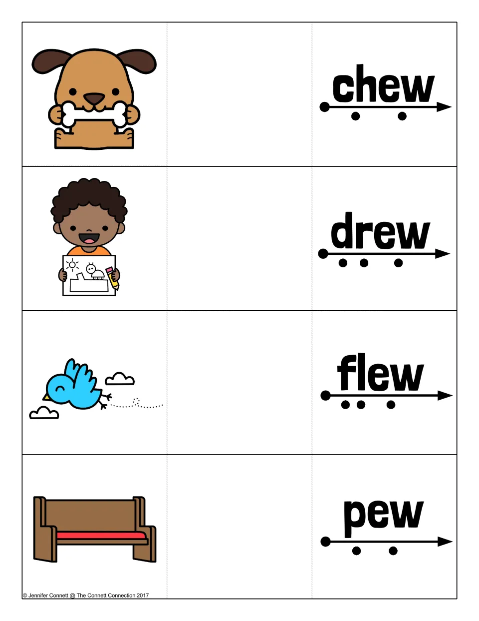 EW blending cards for chew, drew, flew and pew: students track the dots to sound out each word, then reveal its picture