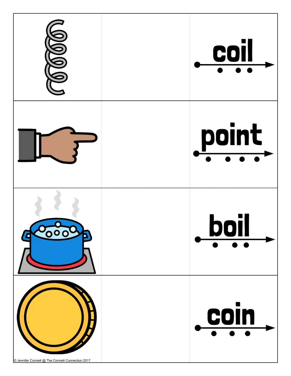 OI words to cut out and fold: coil, point, boil and coin, each with a dot for every sound and a matching picture