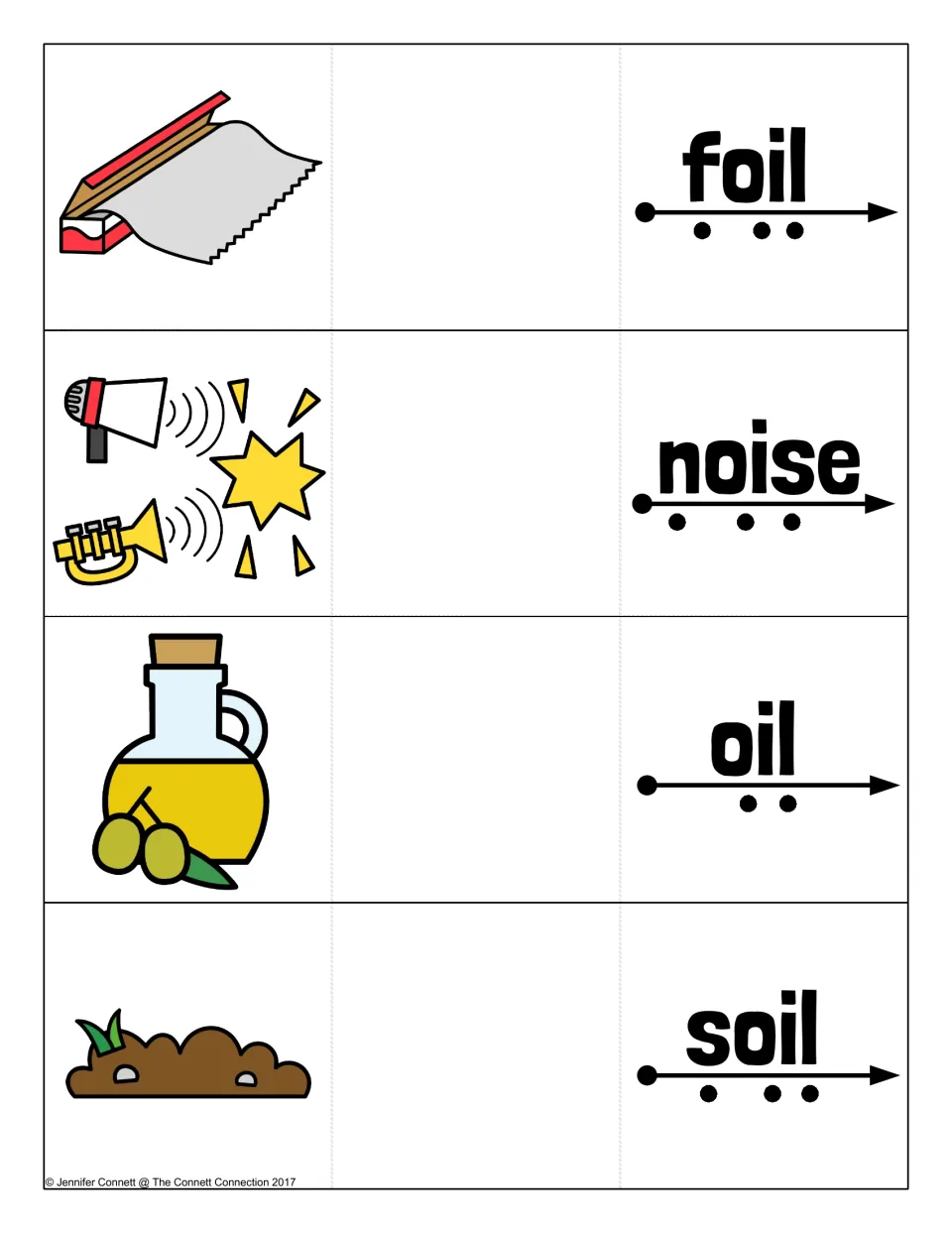 OI word blending cards for foil, noise, oil and soil, each word set over a sound-dot arrow with a picture to reveal
