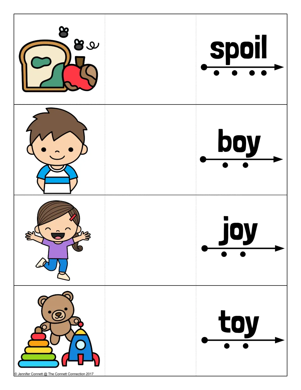 Cards for spoil plus the OY words boy, joy and toy, each with a sound-dot arrow to blend and a hidden picture to check
