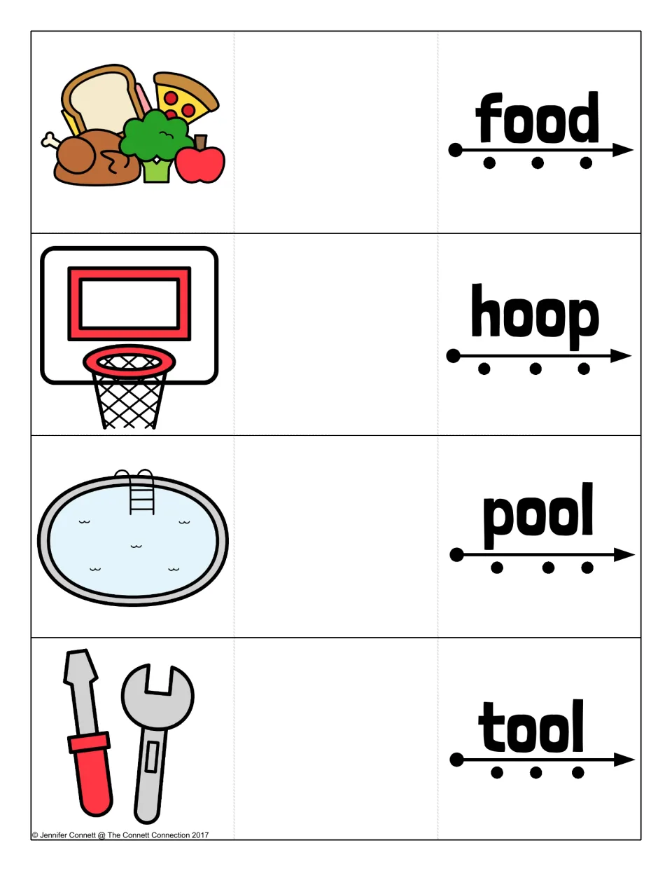 OO word cards for food, hoop, pool and tool: students blend each word along the sound dots, then reveal its picture