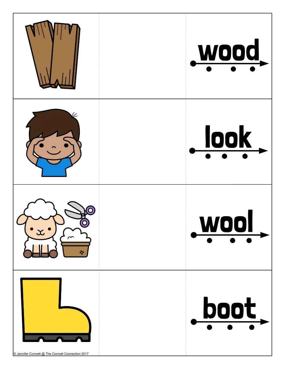 OO word cards for wood, look, wool and boot with pictures of planks, a boy, a sheep and a yellow boot to reveal