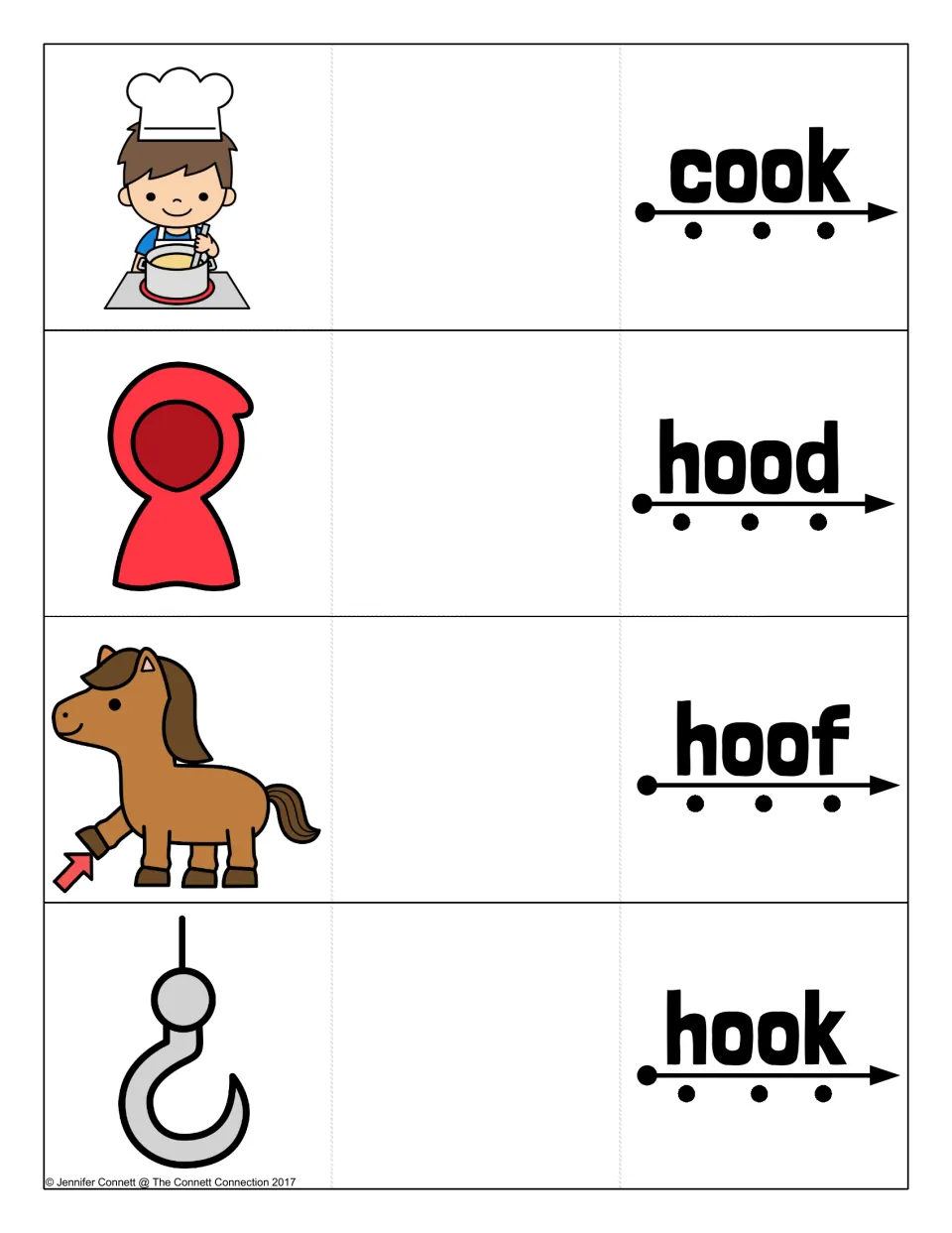 Blending cards for cook, hood, hoof and hook: sound out each oo word, then check against a chef, hood, horse or hook