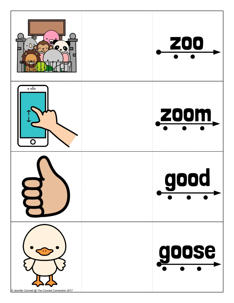 OO cards for zoo, zoom, good and goose: blend along the arrow, then reveal zoo animals, a phone, a thumb and a bird