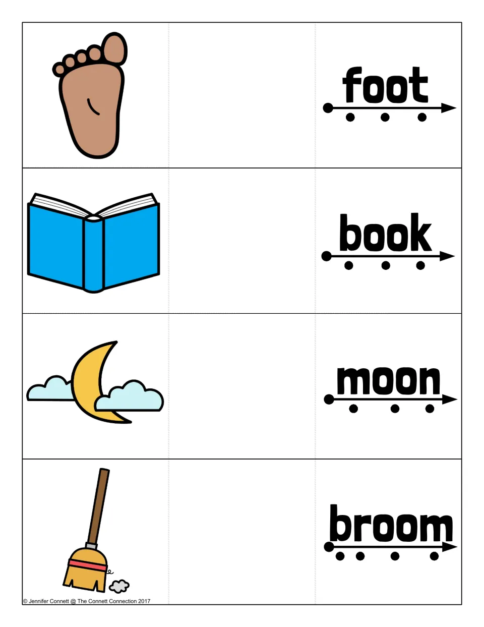 Blending cards for foot, book, moon and broom with pictures of a foot, an open book, a crescent moon and a broom