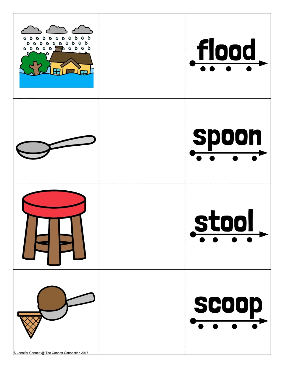 OO words with consonant blends: flood, spoon, stool and scoop, four sound dots each, then reveal each picture