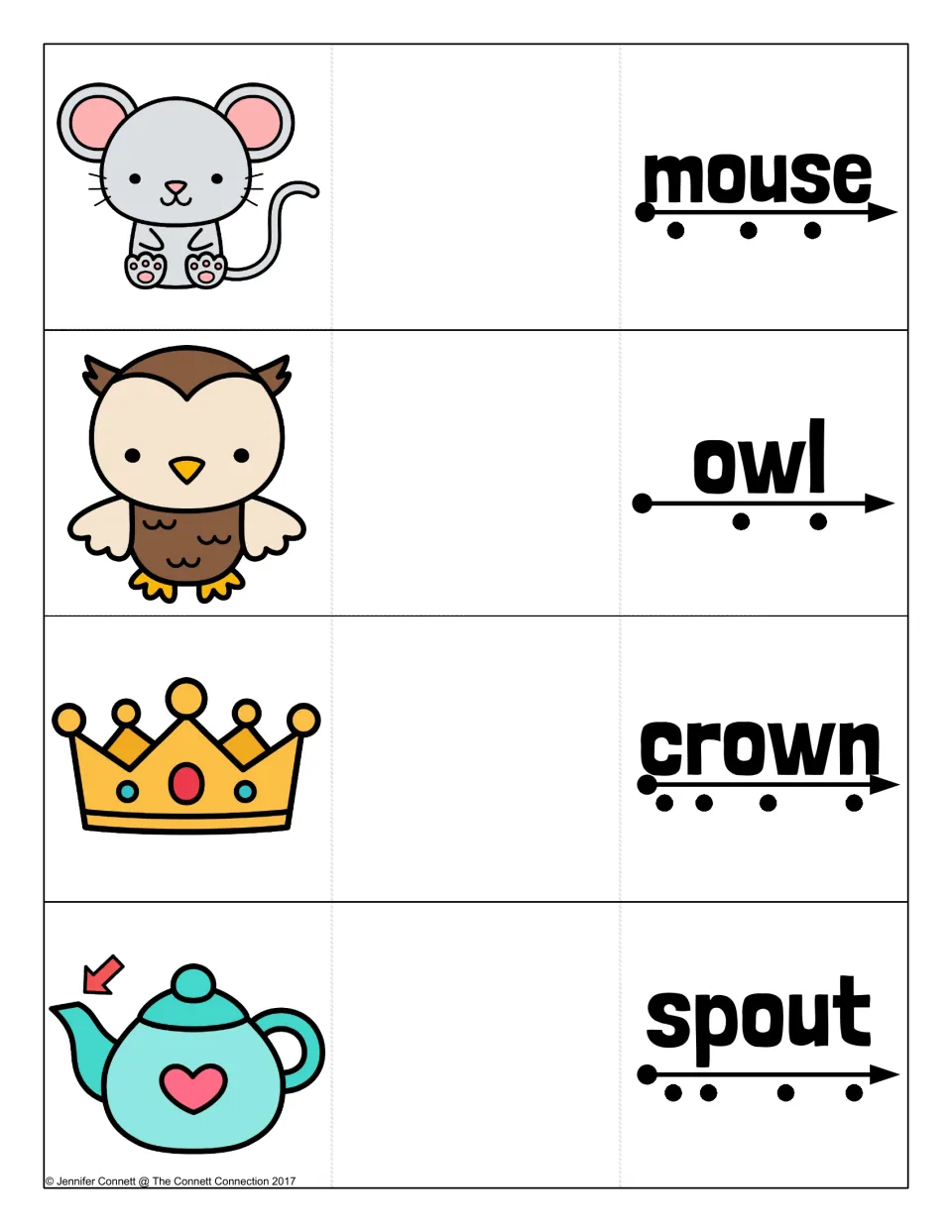 OU and OW blending cards for mouse, owl, crown and spout, each word over a sound-dot arrow beside its picture