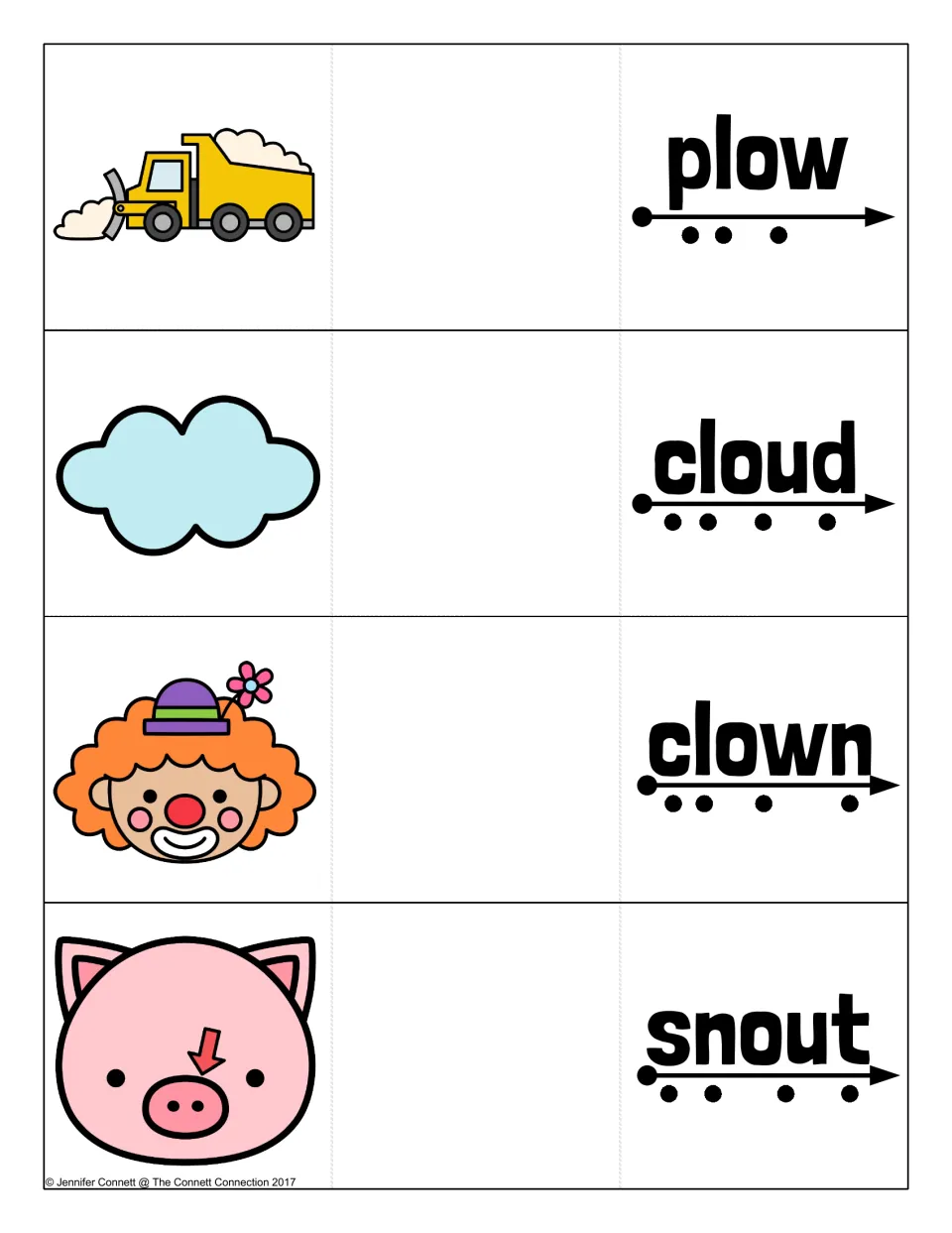 Diphthong word cards for plow, cloud, clown and snout: students tap each sound dot to blend, then reveal the picture