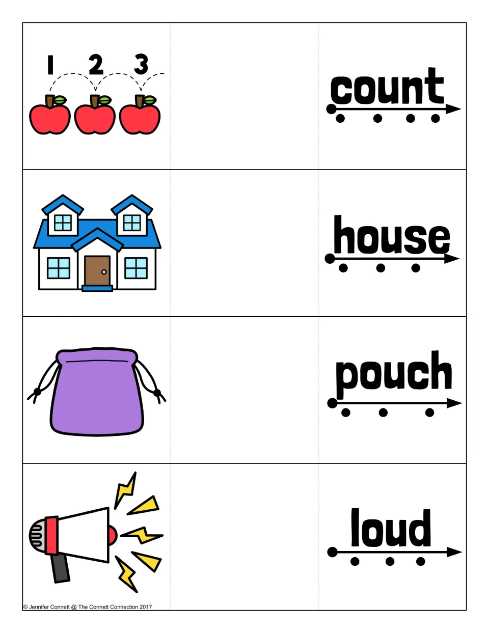 OU word cards for count, house, pouch and loud, each with sound dots under the word and a matching picture