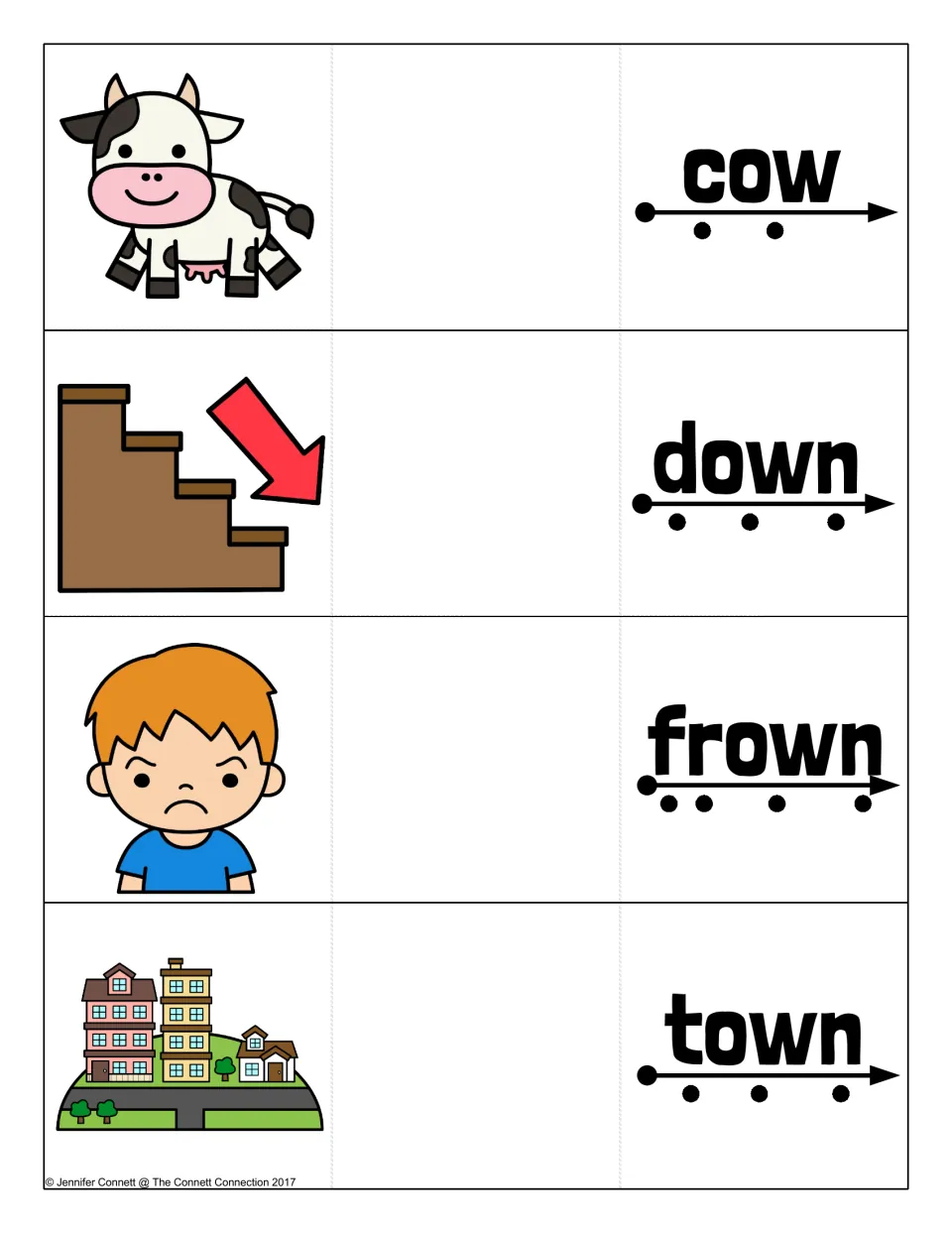 OW word cards for cow, down, frown and town: students blend the sounds along the arrow, then unfold to self-check