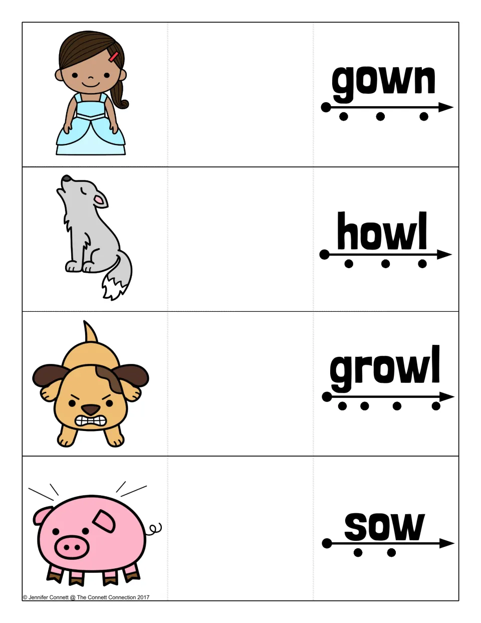 OW word cards for gown, howl, growl and sow, each word over a dotted blending arrow next to its clip-art picture