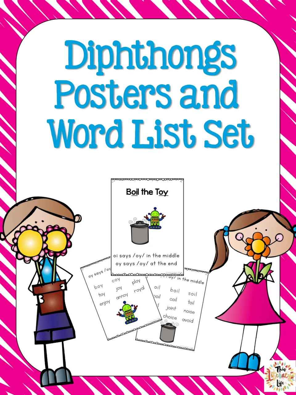 Cover of Diphthongs Posters and Word List Set, showing samples of the oi/oy poster and matching word lists