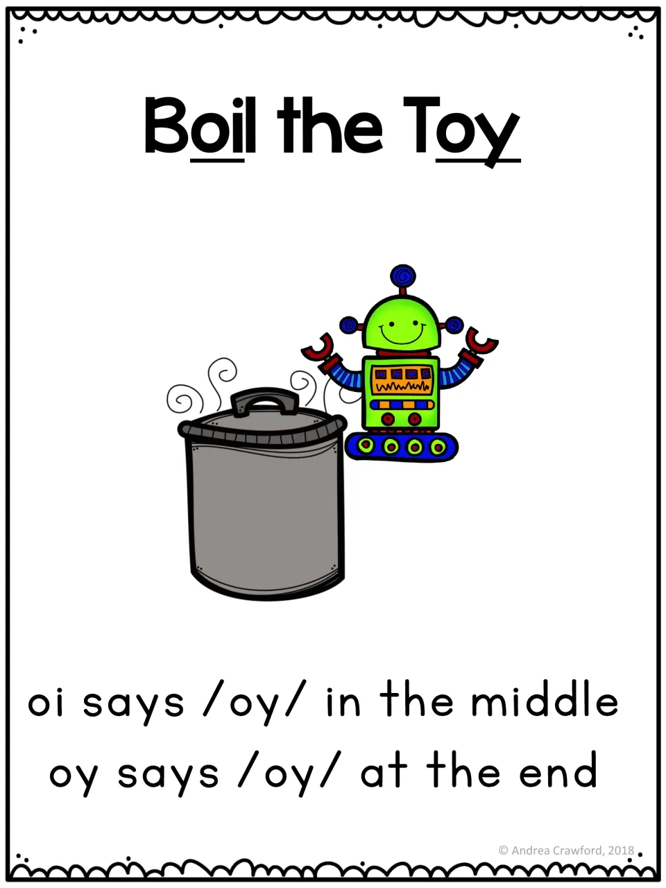 Diphthong poster titled 'Boil the Toy': oi says /oy/ in the middle, and oy says /oy/ at the end
