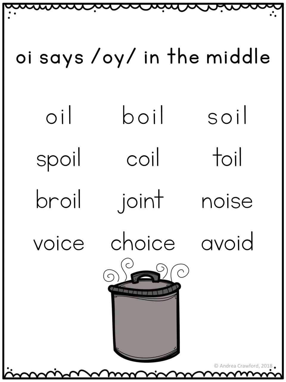 Word list accompanying the oi/oy poster: 12 oi words, including oil, boil, soil, spoil, coil, and toil