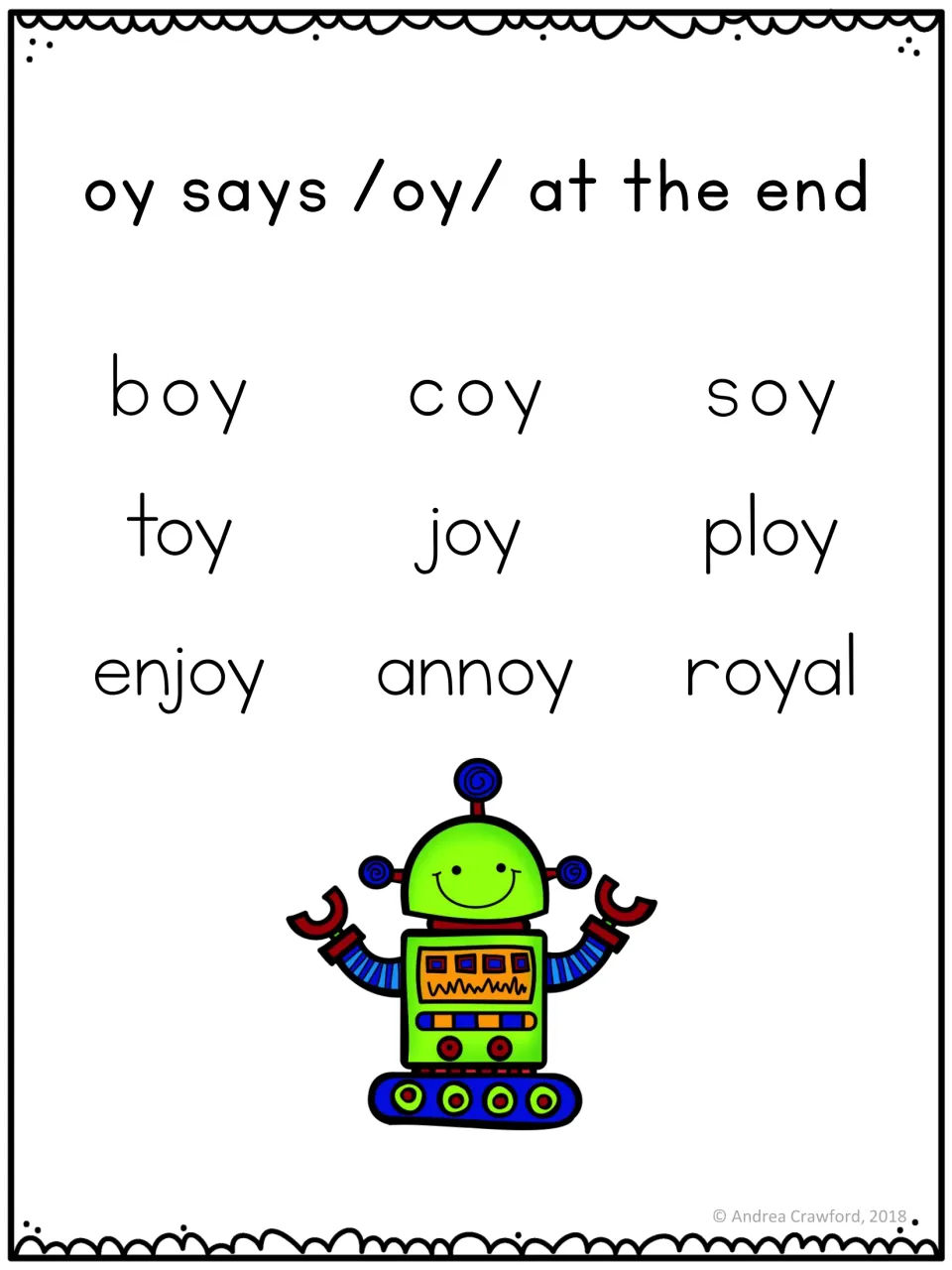 Word list accompanying the oi/oy poster: boy, coy, soy, toy, joy, ploy, enjoy, annoy, and royal