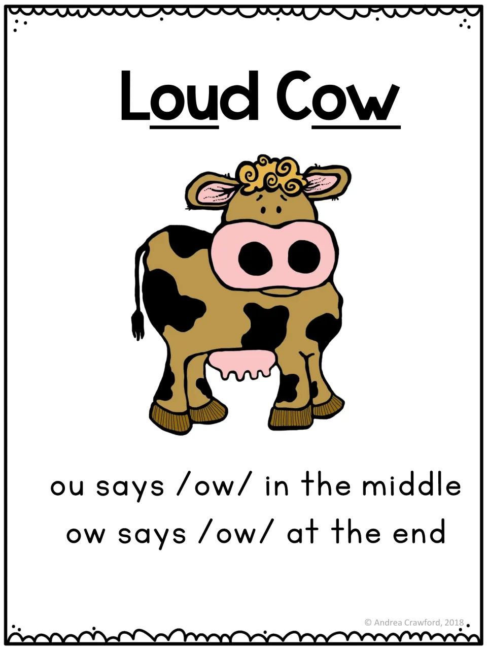 Diphthong poster titled 'Loud Cow': ou says /ow/ in the middle, and ow says /ow/ at the end