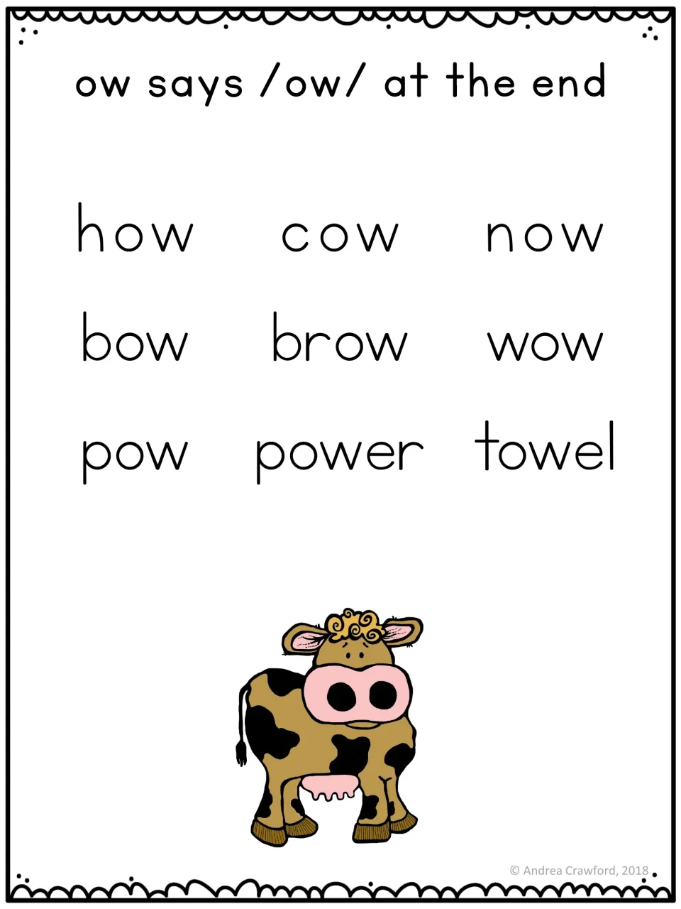 Word list accompanying the ou/ow poster: how, cow, now, bow, brow, wow, pow, power, and towel