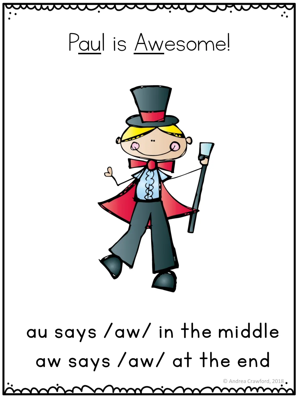 Poster titled 'Paul is Awesome!': au says /aw/ in the middle, and aw says /aw/ at the end