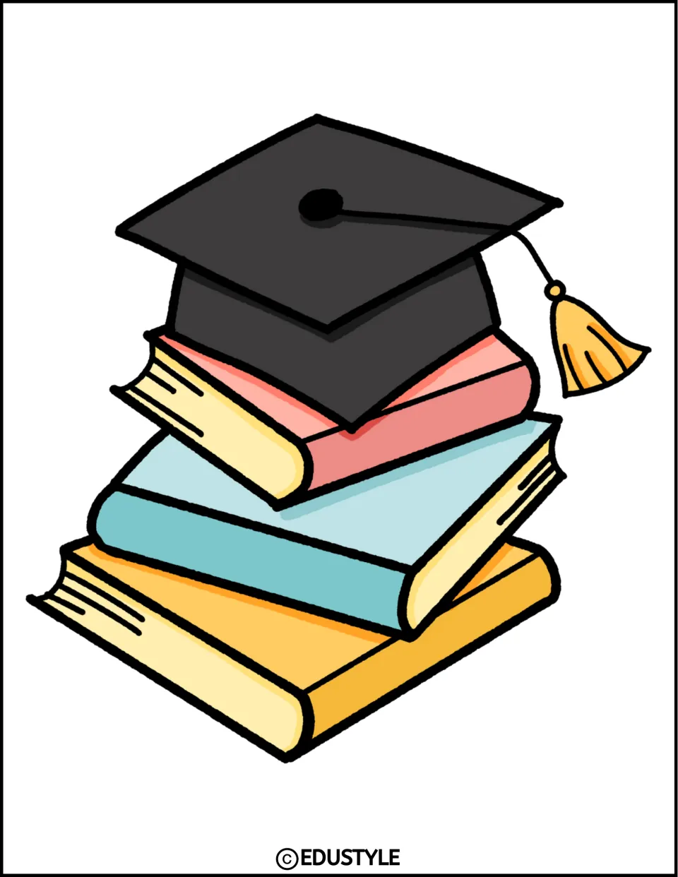 Graduation display graphic of a black cap with a right-side gold tassel atop three red, blue, and yellow books