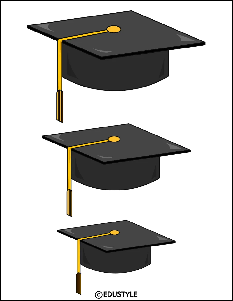 Graduation cap cut-outs: three black mortarboards in descending sizes, mirrored with gold tassels on the left side