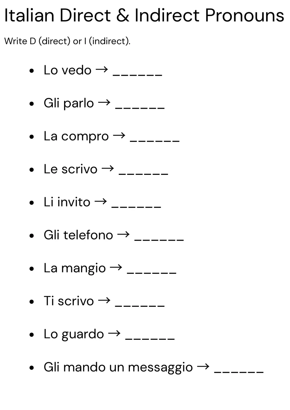 Italian object pronouns: students label 10 phrases such as Lo vedo and Gli parlo with D for direct or I for indirect