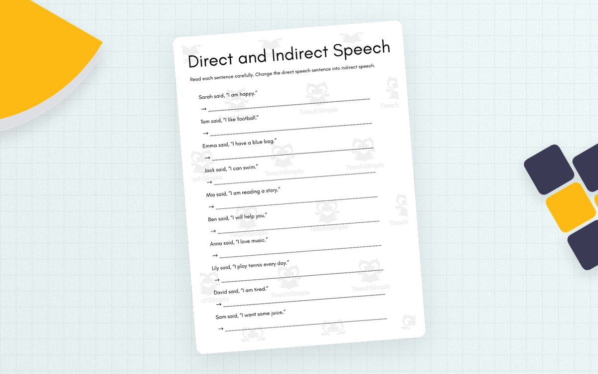 Direct and Indirect Speech worksheet first page with sentence-conversion prompts.