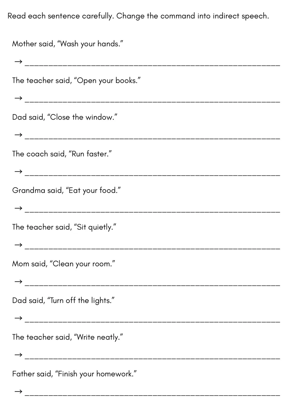 Reporting commands: students change 10 quoted orders like 'Wash your hands' and 'Open your books' into told-to sentences