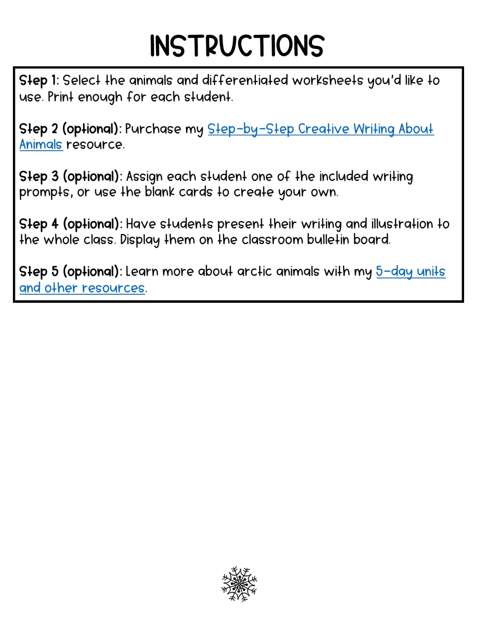 Instructions in five steps: choose animals and differentiated sheets, assign writing prompts, then present and display work