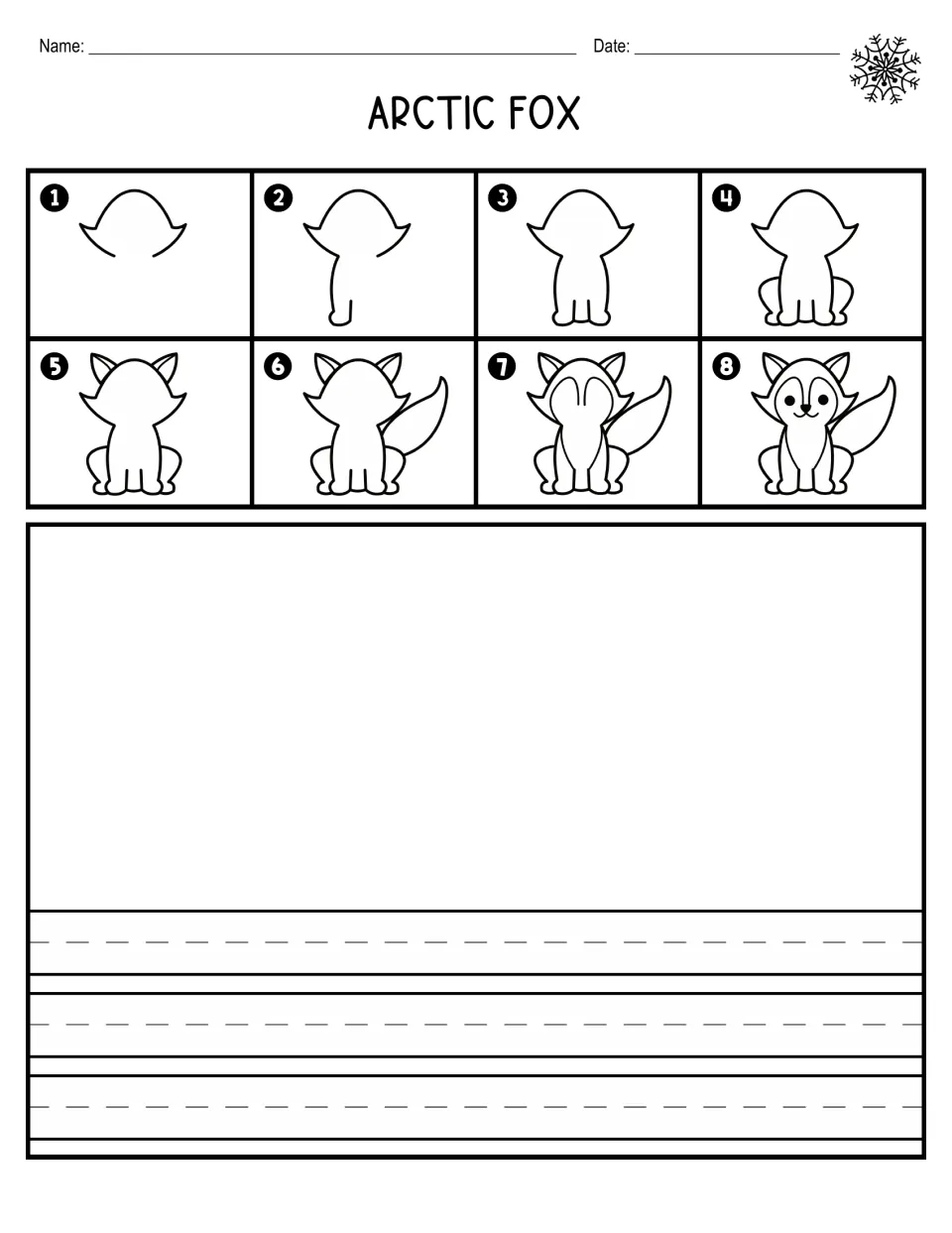 Arctic fox drawing: students copy 8 numbered steps from head to face, then write sentences on primary handwriting rules