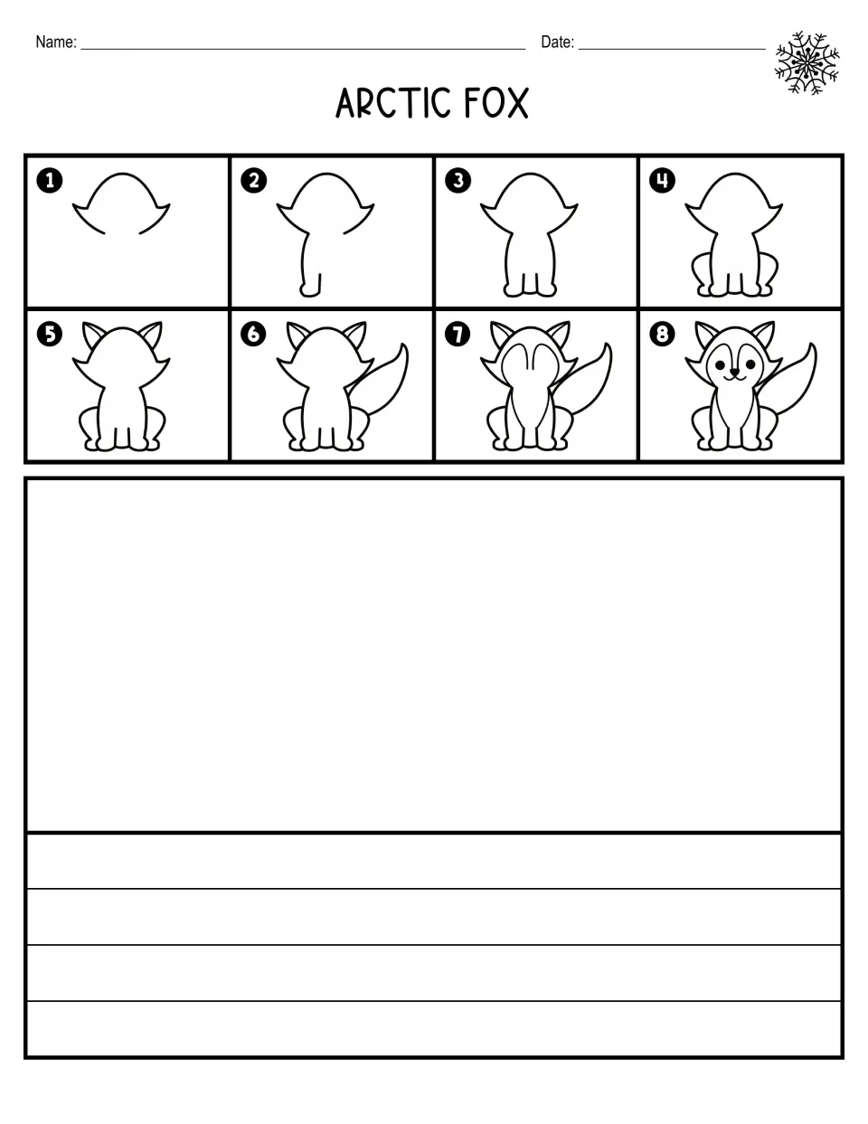 Arctic fox: students follow 8 numbered steps to sketch a sitting fox with a bushy tail, then write about it on ruled rows
